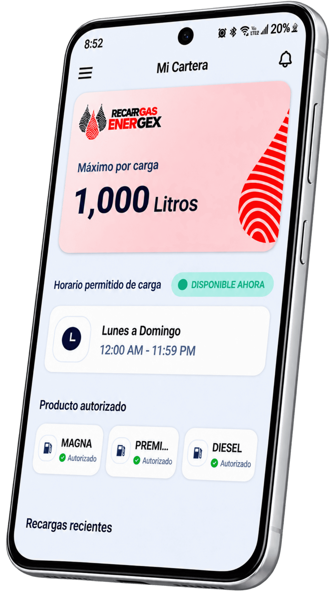 Pantalla Mi Cartera de la app movil, con el maximo por carga, el horario permitido y los productos autorizados