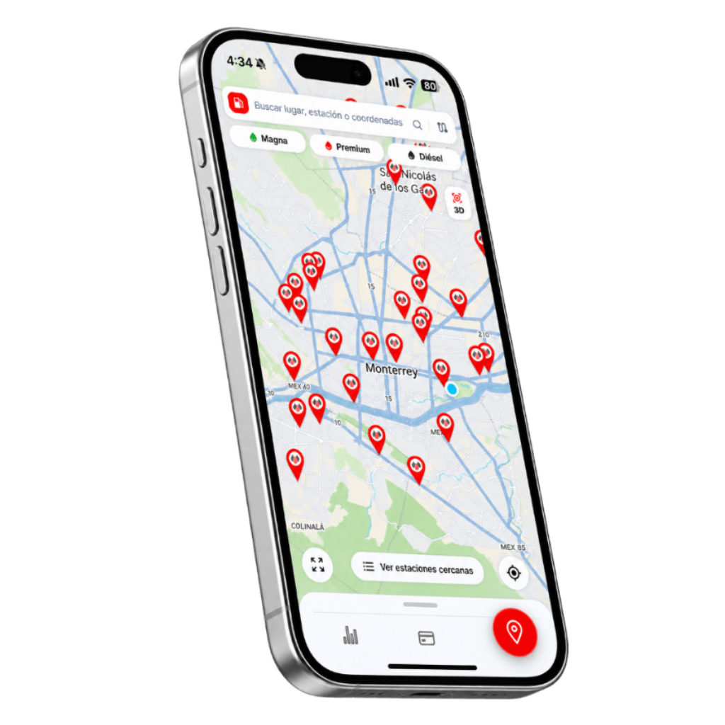 Pantalla del mapa de la app móvil, con las estaciones afiliadas cercanas en Monterrey