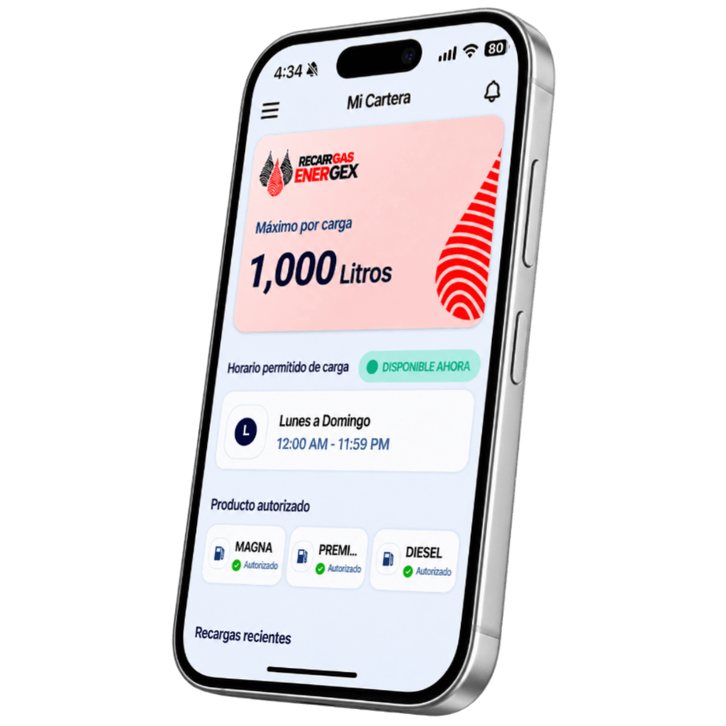 Pantalla Mi Cartera de la app móvil, con el máximo por carga, el horario permitido y los productos autorizados